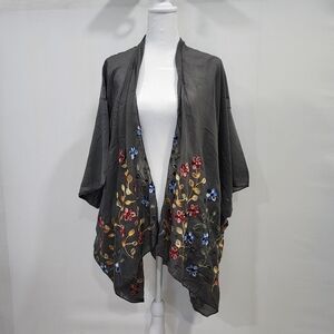 RAJ EMBROIDERED GRAY MULTICOLOR FLORAL KIMONO DUSTER SWIMSUIT COVER NWOT!